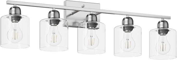 Modern Brushed Nickel 5 Light Bathroom Vanity Light, 31 inch Bathroom Light Fixtures, Vanity Lights with Clear Glass for Mirror Kitchen Living Room Hallway Cabinet Porch