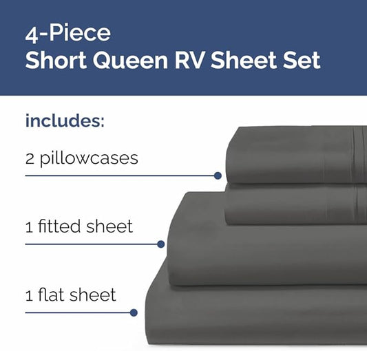 RV Short Queen Sheet Set 60 X 75 - 4 Piece RV Short Queen Bed Sheets - Soft, Breathable and Cooling - Designed for Bunks, Trailers & Campers - Fits 8” to 12" Mattress - Hotel Luxury Bedding - Charcoal