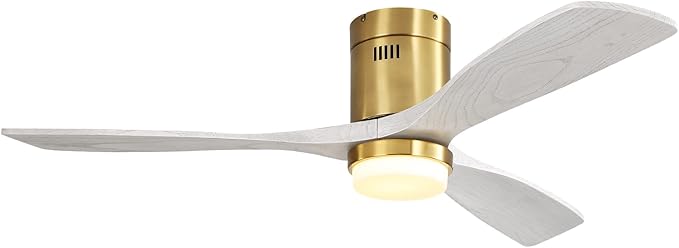 Sofucor 52 Inch Low Profile Ceiling Fan with Lights and Remote, Outdoor Modern Flush Mount Ceiling Fan 6-Speed 3-CCT with Timer 3 Wood Blades for Bedroom Living Room Patios