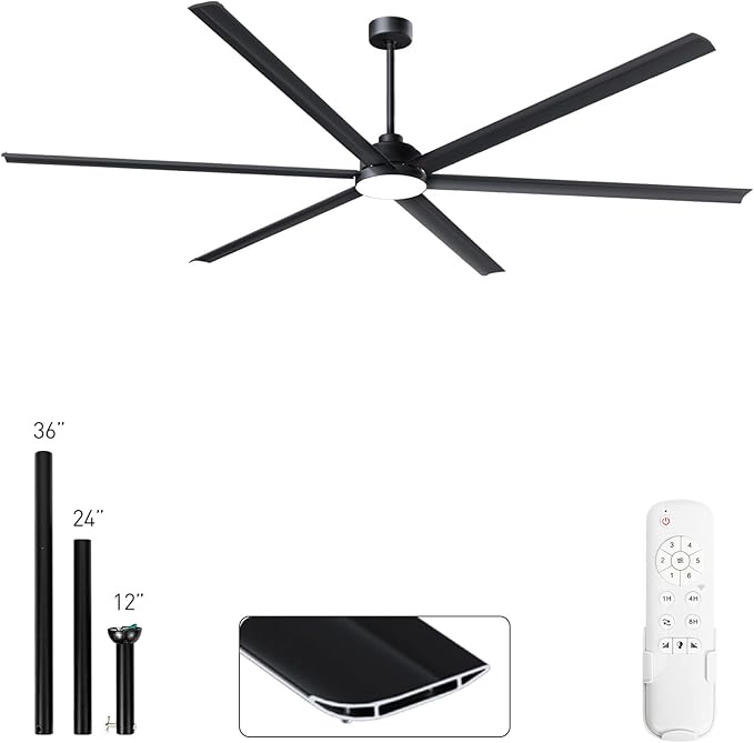 100 Inch Large Industrial HVLS Ceiling Fan with 6 Black Double-Layer Aluminum Blades,High CFM Ceiling Fan with Light and Remote,12/24/36in Downrod,Quiet DC Motor Outdooor Fan for Patio