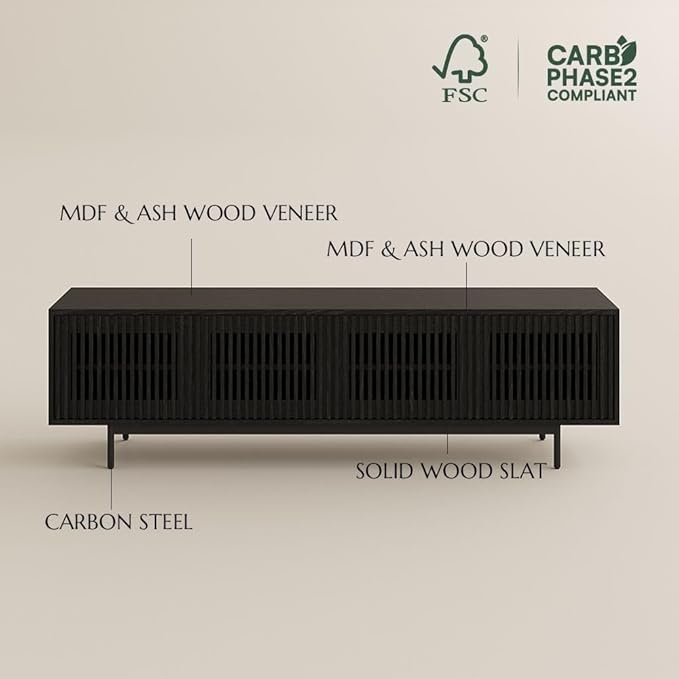 POVISON Fully Assembled Mid-Century Modern TV Stand with Slatted Doors, 78.74" Wood Media Console with LED Lights, TV Console with Tall-cast Metal Legs, Entertainment Center with Storage