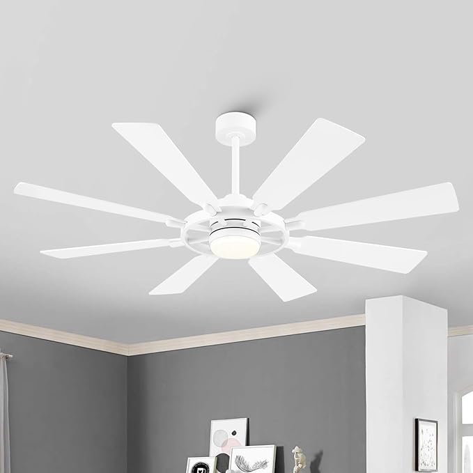 ELEHINSER 60 Inch Ceiling Fan with Lights and Remote Control, 8 Plywood Blades, 6-Speed Noiseless Reversible DC Motor, 3CCT, Windmill Ceiling fan for Kitchen Bedroom Living Room, Gloss White