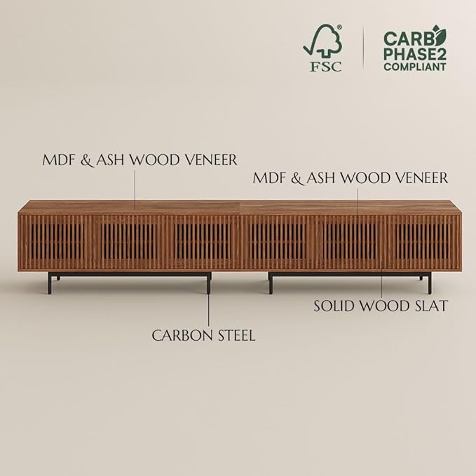 POVISON Fully Assembled Mid-Century Modern TV Stand with Slatted Doors, 118.11" Wood Media Console with LED Lights, TV Console with Tall-cast Metal Legs, Entertainment Center with Storage