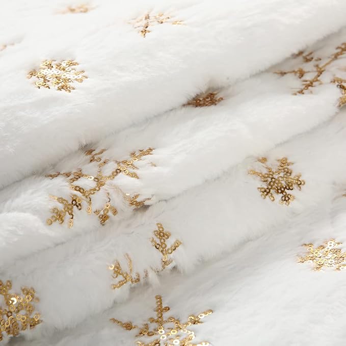 Sattiyrch Sequin Christmas Tree Skirt with Golden Snowflakes,Faux Fur White Soft Christmas Decorations for 10ft 12ft Xmas Tree(Golden Sonwflakes,59in )