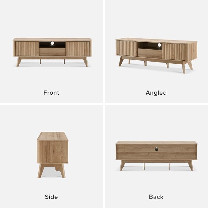 mopio Brooklyn Mid-Century Modern TV Stand, for TVs up to 50” / 59" Waveform Panel, Sleek Curved Profile with Adjustable Shelf and Sturdy Box Frame Leg (Golden Oak, 57")