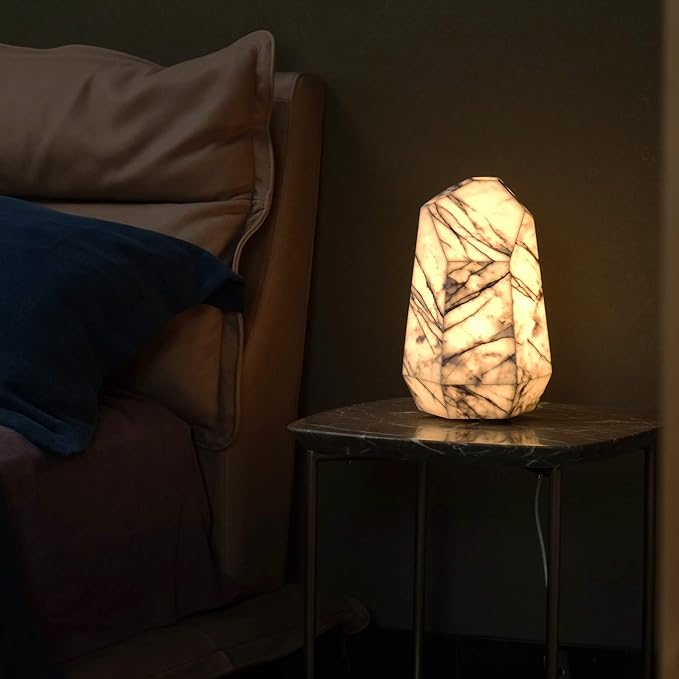 Handcrafted Real Marble Table Lamp, Stone Lamp with Tri-Color Dimmable LED, Bedside Lamp, Small Table Lamp for Home Decor, Accent Table Lamp for Bedroom Living Room, Multifacet