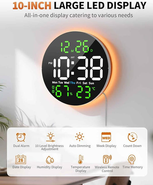 10 Inch Large Digital Wall Clock with 9 Color Changing Remote Control, Date Week Temperature, Auto Brightness Dimmer Big Clock with Night Lights,Green