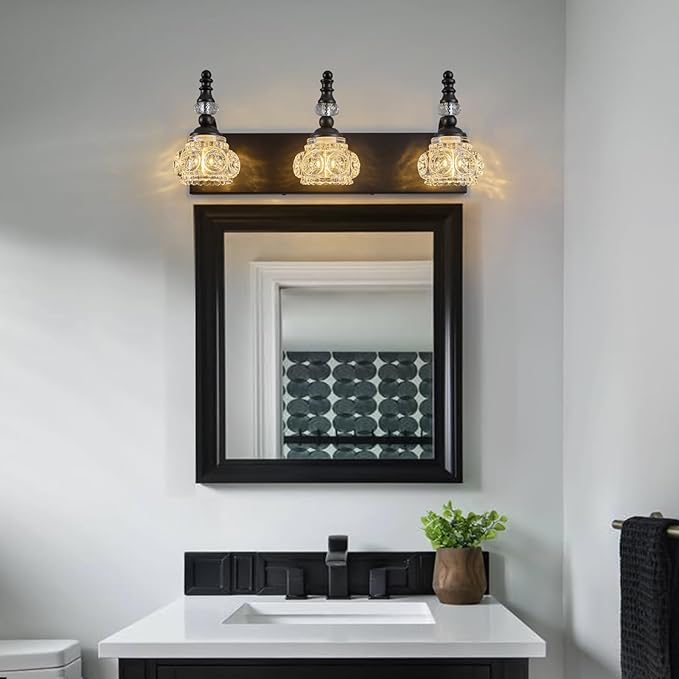 Modern Crystal Bathroom Vanity Light Black Vintage Bathroom Light Fixtures 3-Lights Glass Crystal Vanity Lights