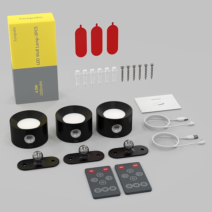 Koopala 3PACK Rechargeable LED Wall Sconce, Cordless Battery with Remote Powered Wall Sconce, 3 Brightness Levels, 360° Swivel Magnetic Shade for Bedrooms, Hallways, Den and Reading Spaces(Black)