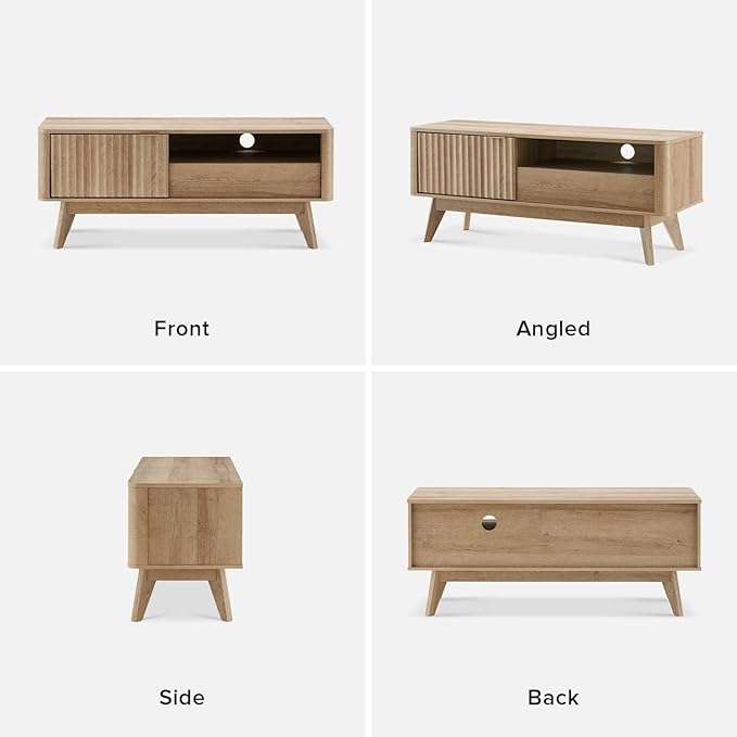 mopio Brooklyn Mid-Century Modern TV Stand, for TVs up to 50” / 59" Waveform Panel, Sleek Curved Profile with Adjustable Shelf and Sturdy Box Frame Leg (Golden Oak, 47")