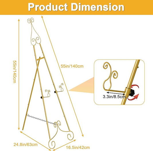 1 PC Easel Stand for Sign, Metal Poster Easel Holder, Adjustable Wedding Sign Stand with Chain Support for Display, Party Painting, Gold.