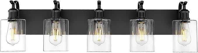 5 Light Bathroom Vanity Light, Black Light Fixture Morden Bathroom Lighting Fixtures Over Mirror Black Wall Sconces with Clear Glass Shade ZCVL01BK-5