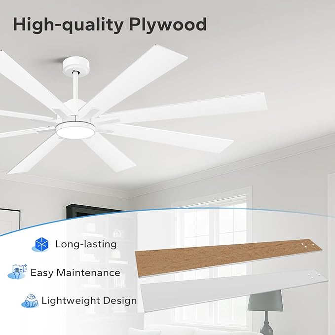 72 Inch Large Outdoor Ceiling Fans for Paitos with Light Remote, Modern Industrial Ceiling Fan with White/Oak Blade 6 Speed Quiet Reversible DC Motor, Dimmable High CFM Ceiling Fan for Indoor/Exterior