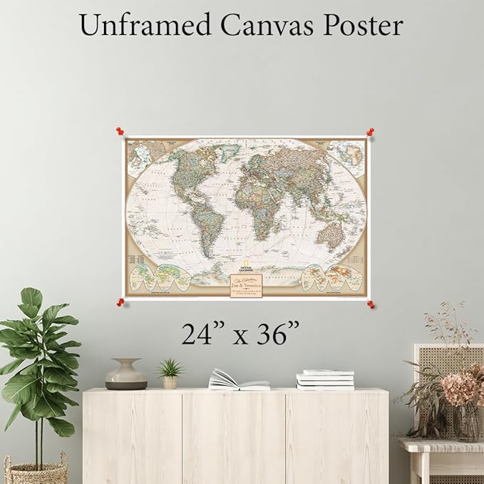 Personalized Canvas Rolled Poster World Map Wall Art with Pins – Large 24" x 36" Executive Map of the World – Push Pin Travel Decor for Home or Office