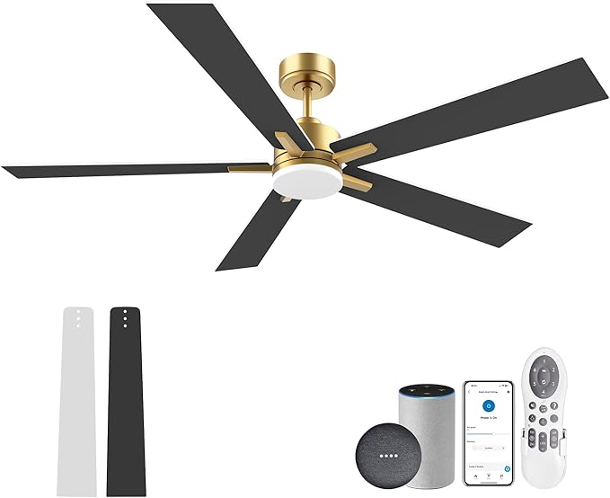 60" Smart Ceiling Fan with Lights Remote,Control via Alexa Google Voice App Wifi,Quiet DC Motor,Dimmable,Outdoor Indoor Modern Ceiling Fans for Large Bedroom Living Room Patio Porch,Gold Black White