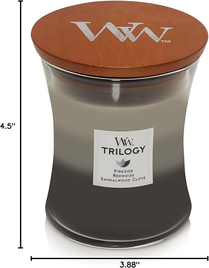WoodWick Warm Woods Trilogy Holiday Candle Gifts for Women and Men, 9.7 oz Medium Hourglass Trilogy Candle with Crackling Wick