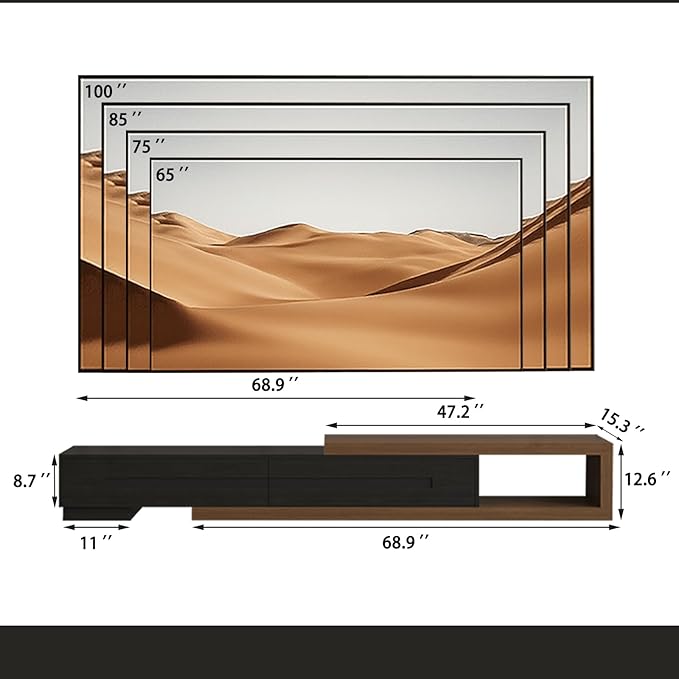 82-110" Extendable TV Stand, Wood Reversible Media Console with 2 Drawers, Modern Entertainment Center for Up to 120 Inch TV for Living Room Bedroom, Black& Walnut