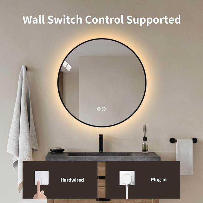 Round LED Bathroom Mirror with Gold Frame, 24V Backlight, 3 Color Temperatures, Dimmable, Memory Function, Defogging (Black Border, 24" L x 24" W)