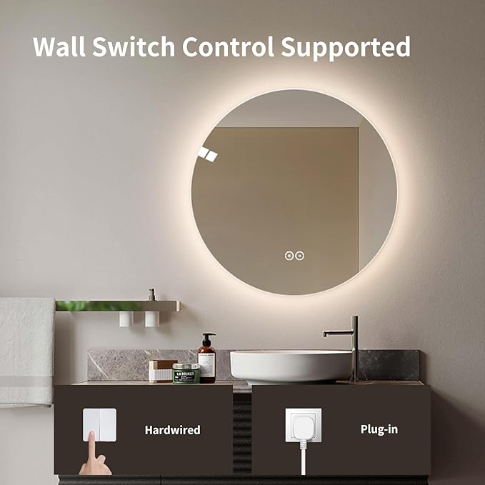 Round LED Bathroom Mirror with Light, Backlit Mirror for Bathroom, Frameless LED Smart Vanity Mirror with 3 Color Lights, Anti-Fog, Smart Touch Button, Shatter-Proof, IP65, 90+ CRI (32" L x 32" W)