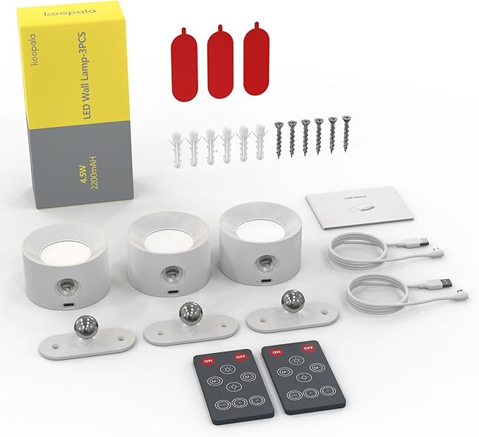 Koopala 3PACK Rechargeable LED Wall Sconce, Cordless Battery with Remote, Powered Wall Sconce, 3 Brightness Levels, 360° Swivel Magnetic Shade for Bedrooms, Hallways, Den and Reading Spaces(White)