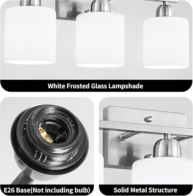 Brushed Nickel Bathroom Light Fixture, 3 Light Vanity Lights for Bathroom, Bath Lights with Milky White Frosted Glass Shades, E26 Socket