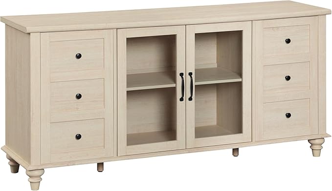 WAMPAT Glass Door Farmhouse TV Stand for TVs Up to 75 inch, Wood Universal TV Console Table with 4 Storage Cabinets, Entertainment Center for 32-75 inch TV Console Cabinet, 58'',Beige