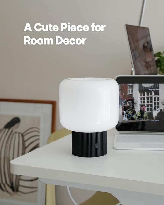 Halo Mushroom Lamp, 5W Cute Cordless Rechargeable Table Lamp with Glass Shade, 3 Color Temps LED Dimmable Ambient Lighting, Small Retro Touch Bedside Light for Bedroom Decor, Black