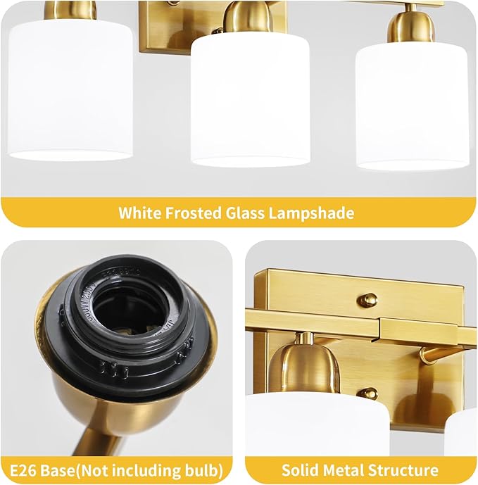 4 Light Gold Light Fixture Bathroom, Brushed Gold Vanity Light with Milky White Frosted Glass Shades, Lights for Bathroom Mirror for Living Room Bedroom Hallway E26 Base