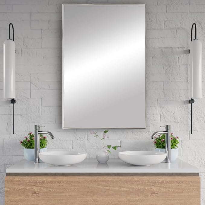 Frame My Mirror Silver Metal Framed Mirror, 36" x 48", True Reflections Glass, Satin Nickel Finish, Stanton Design, Hangs Horizontally or Vertically, Built in The USA