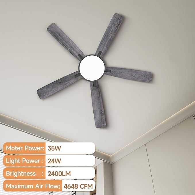 Ceiling Fans with Lights,52 inch,Quiet,Reversible Motor,Dimmable, Adjustable Color Temperature,6 Speeds,Timer, Low Profile Ceiling Fan for Bedroom,Living Room,Indoor/Outdoor Use(Gray)