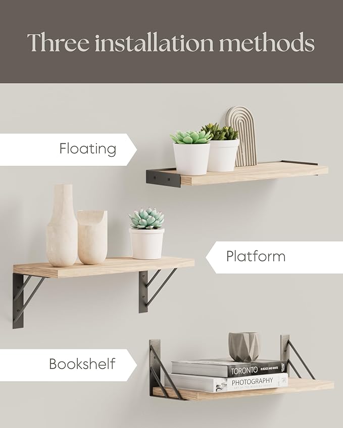 BAYKA Wall Shelves for Bedroom Decor, Floating Wall Shelves for Living Room Kitchen Storage, Wall Mounted Rustic Wood Floating Shelves for Kids Books, Corner Shelves for Bathroom(Brown,Set of 3)