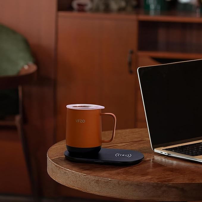 Temperature Control Smart Mug, Self Heating Coffee Mug LED Display, 180 Min Battery Life - Hot up to 149℉ Fast Wireless Charger Base Improved Design coffee serving sets (12oz, Orange)