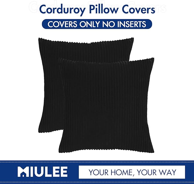 MIULEE Winter Pack of 2 Corduroy Pillow Covers Soft Soild Striped Throw Pillow Covers Set Decorative Square Cushion Cases Pillowcases for Cushion Couch Sofa Bedroom Living Room 16 x 16 Inch Black