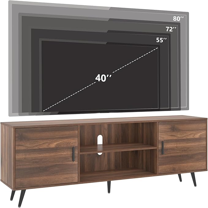 AUXSOUL 70 Inch Mid Century Modern TV Stand for 75 Inch TV, Wood TV Stand with Storage, Entertainment Center for Living Room Bedroom, TV Media Console, Walnut