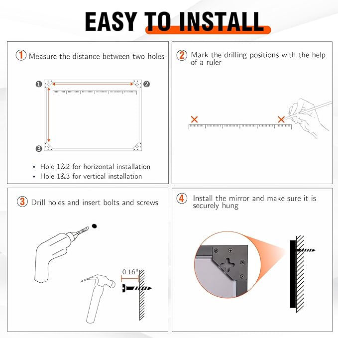 Bathroom Mirror, 48x36 Inch Matte Black Framed Mirror, Rectangular Wall Mirror, Vanity Mirror Wall Mounted, Anti-Rust, Tempered Glass, Hangs Horizontally or Vertically