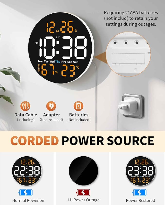 10 Inch Large Digital Wall Clock with 9 Color Changing Remote Control, Date Week Temperature, Auto Brightness Dimmer Big Clock Night Lights,Orange