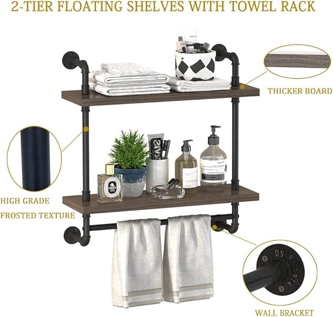 Helsin 2 Tier Wood Floating Shelves Towel Rack, Industrial Pipe Bathroom Shelves Wall Mounted with Towel bar, Wall Display Storage Shelf for Home & Bathroom Decor (Gray, 24inch)