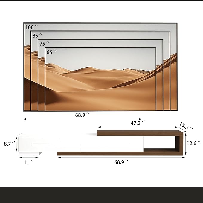 82-110" Extendable TV Stand, Wood Reversible Media Console with 2 Drawers, Modern Entertainment Center for Up to 120 Inch TV for Living Room Bedroom, White& Walnut