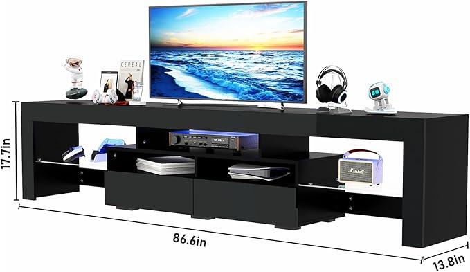 St.Mandyu LED TV Stand for 90/100 inch TV, High Glossy Modern Entertainment Center with Drawer and Led Lights, Television Table Media Console for Living Game Room Bedroom, Black
