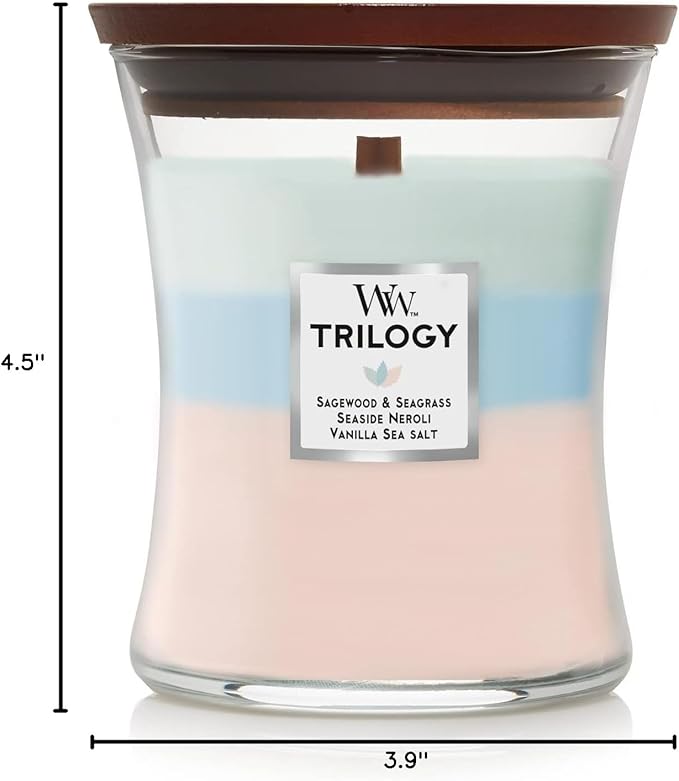 WoodWick Oceanic Trilogy Gifts for Women and Men, 9.7 oz Medium Hourglass Trilogy Candle with Crackling Wick