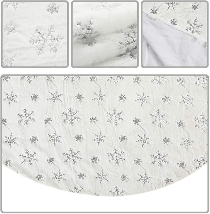 Sattiyrch Christmas Sequin Tree Skirt 48in,White Soft Thick with Silver Snowflakes Decorations for 8FT 9FT Xmas Tree