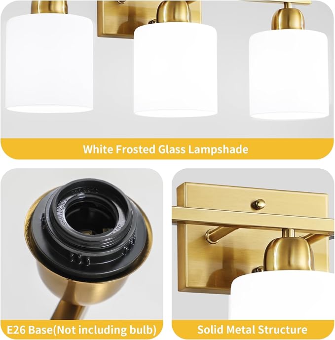 2 Light Bathroom Vanity, Bathroom Lights Over Mirror with Milky White Frosted Glass Shades, Gold Vanity Light for Mirror Living Room Bedroom Hallway E26 Base