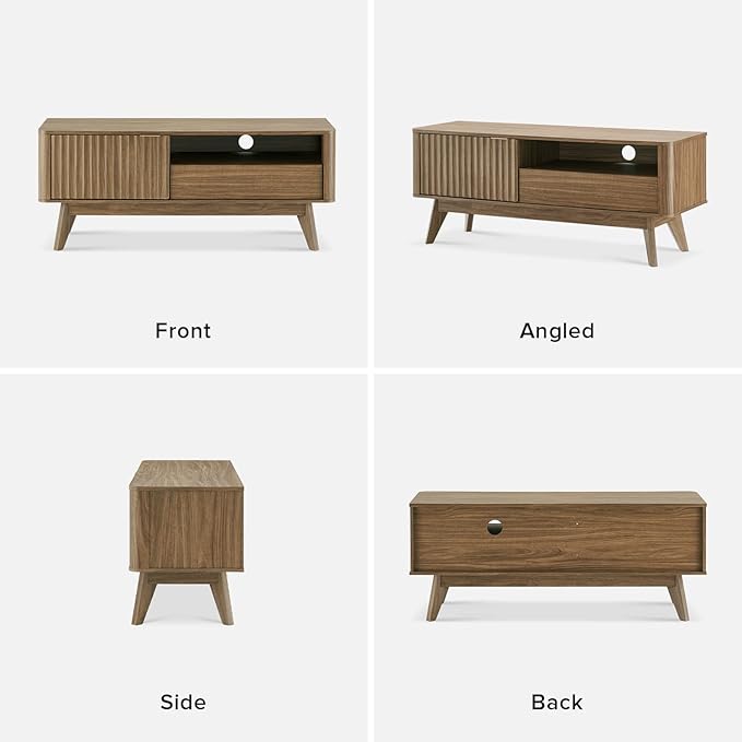 mopio Brooklyn Mid-Century Modern TV Stand, for TVs up to 50” / 59" Waveform Panel, Sleek Curved Profile with Adjustable Shelf and Sturdy Box Frame Leg (Natural Walnut, 47")