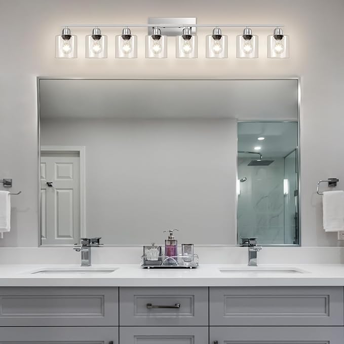 Modern Brushed Nickel 8 Light Bathroom Light Fixtures,52 inch Vanity Lights with Clear Glass, Bathroom Light Fixture for Mirror Kitchen Living Room Hallway Cabinet Porch