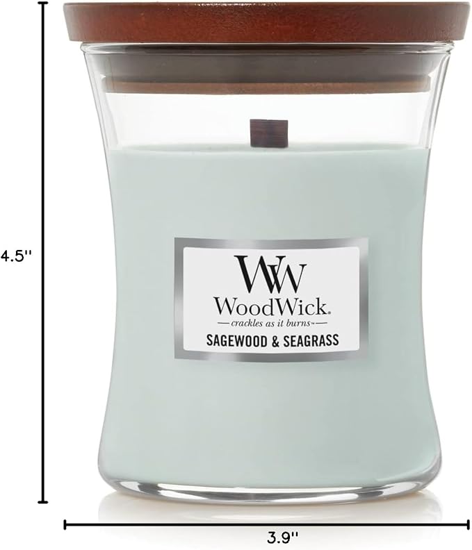 WoodWick Sagewood & Seagrass Gifts for Women and Men, 9.7 oz Medium Hourglass Candle with Crackling Wick
