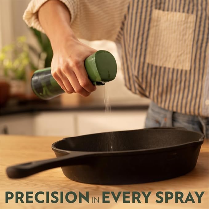 FLAIROSOL OLIVIA Oil Sprayer for Cooking, 200ml Glass Olive Oil Sprayer, Continuous Cooking Spray with Portion Control, Oil Dispenser for Kitchen, Air Fryer, Salad, BBQ (Green Bottle, Gold Print)