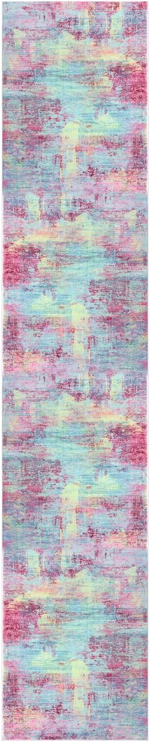 IOHOUZE Abstract Runner Rug 2x10 Ft Washable Runners for Hallways, Non Slip Kitchen Runner Printed Faux Wool Entryway Runner Indoor, Modern Abstract Floor Carpet for Hall Kitchen, Pink Teal