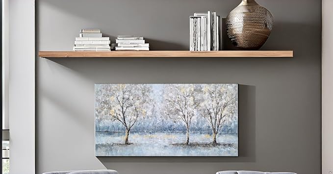 NdcSkyArt Blue Grey Tree Paintings Hand Painted Canvas Wall Art with Gold Foil Modern Abstract Grey Contemporary Rustic Farmhouse Family Tree Landscape Pictures Scenery Artwork