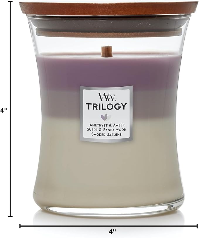 WoodWick Amethyst & Amber Gifts for Women and Men, 9.7 oz Medium Hourglass Trilogy Candle with Crackling Wick