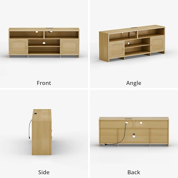 Fluted TV Stands for 70/75/80/85 Inch TV, TV Stand with LED Light and Open Storage Shelf, Mid Century Modern TV Stand with Outlet, Blister Door, Wood TV Cabinet for Living Room, Natural Oak